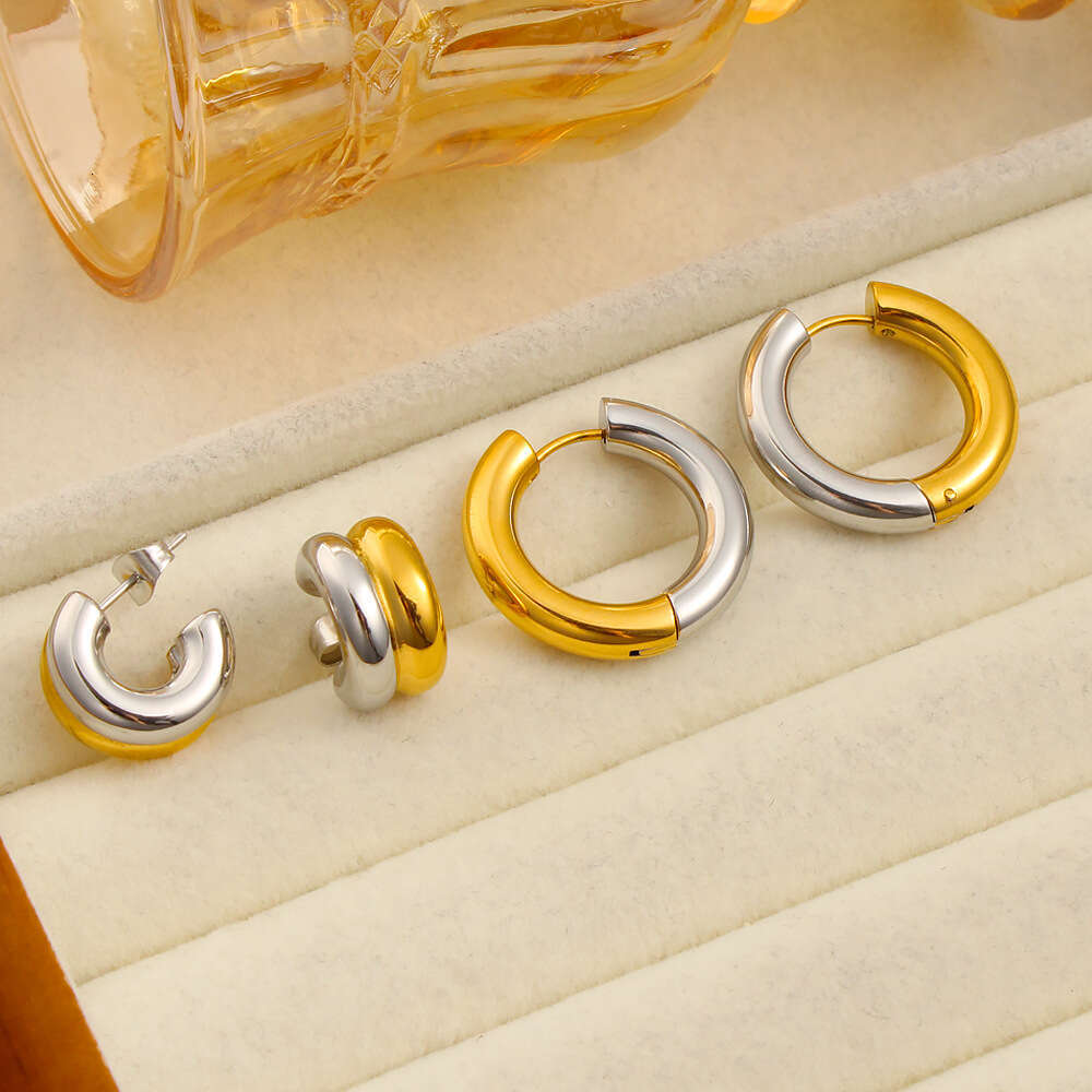 Fashion Hot-Selling Simple French Gold-Plated Non-Fading Stud Stainless Steel Two-Tone Splicing Earrings