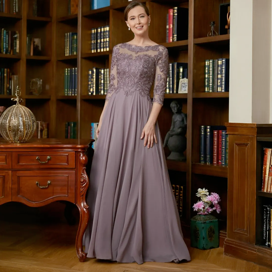 Purple Mother Of The Bride Gowns 3/4 Sleeves Sheer Neck illusion Appliqued Lace Beaded and Sequined Dress For Arabic Black Women Wedding Guest Outfit