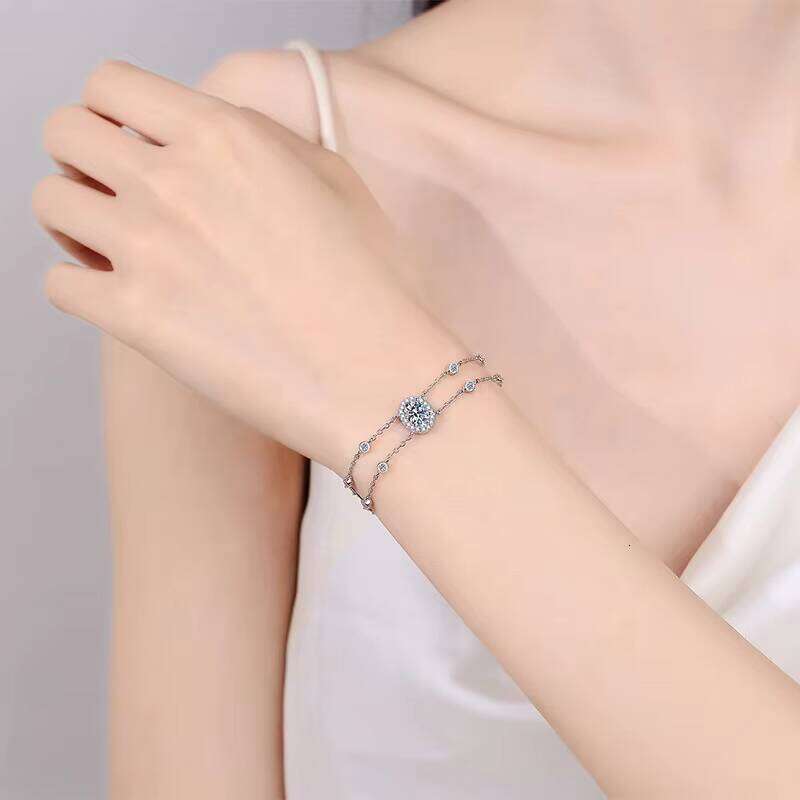 Sterling Sier Moissanite Double Chain Bracelet Trendy Blue Oval Design for Weddings and Parties