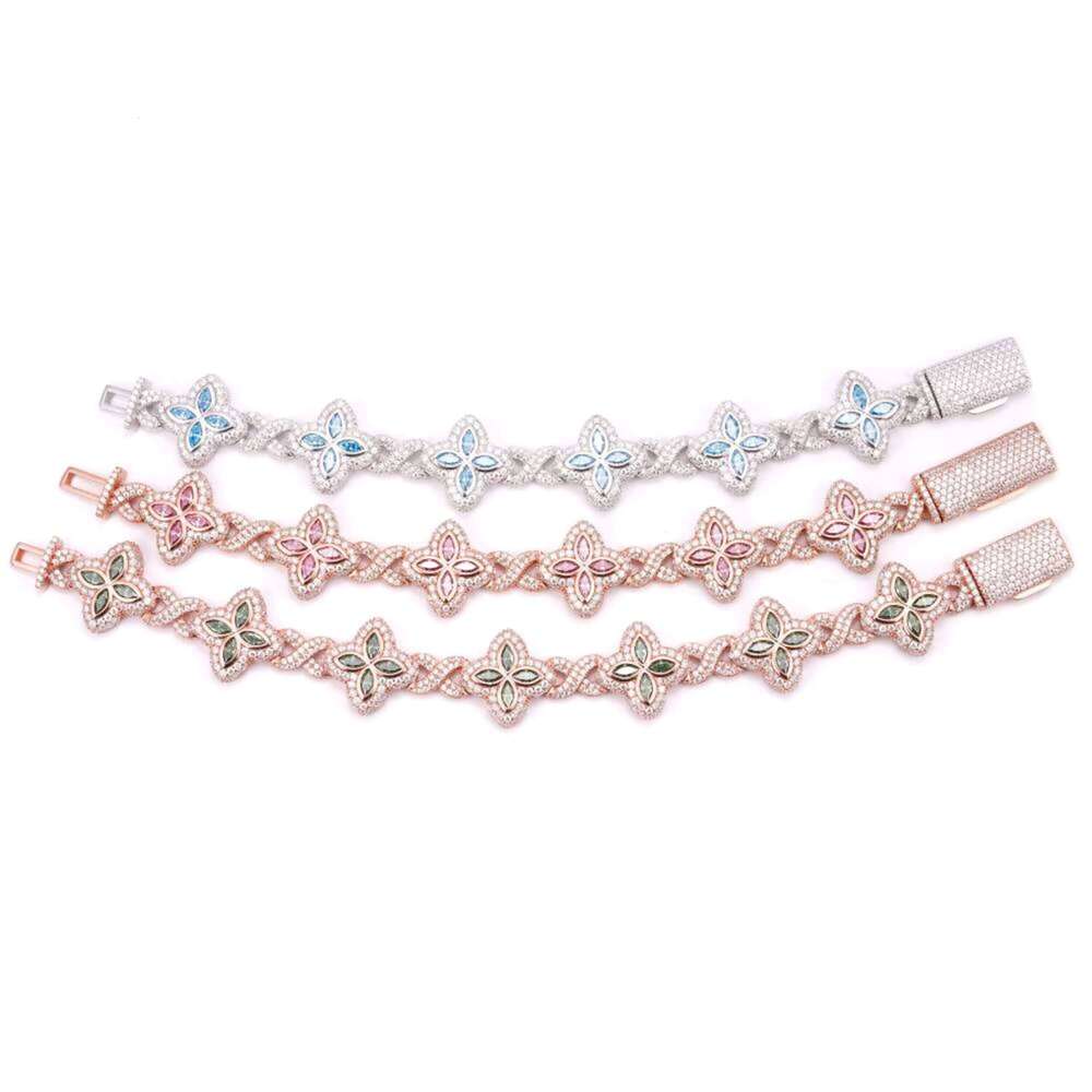 19MM Colored Moissanite 4 Leaf Clover Infinity Link Bracelet Iced Out Design Sparkling Gemstone Jewelry for Men and Women