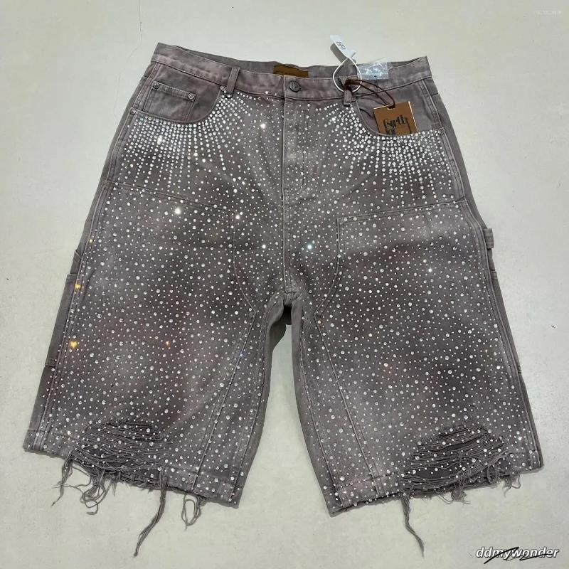 Men's Shorts Streetwear Couple Vintage Rhinestone Sequined Denim Cowboy Hip Hop Loose Sport Casual
