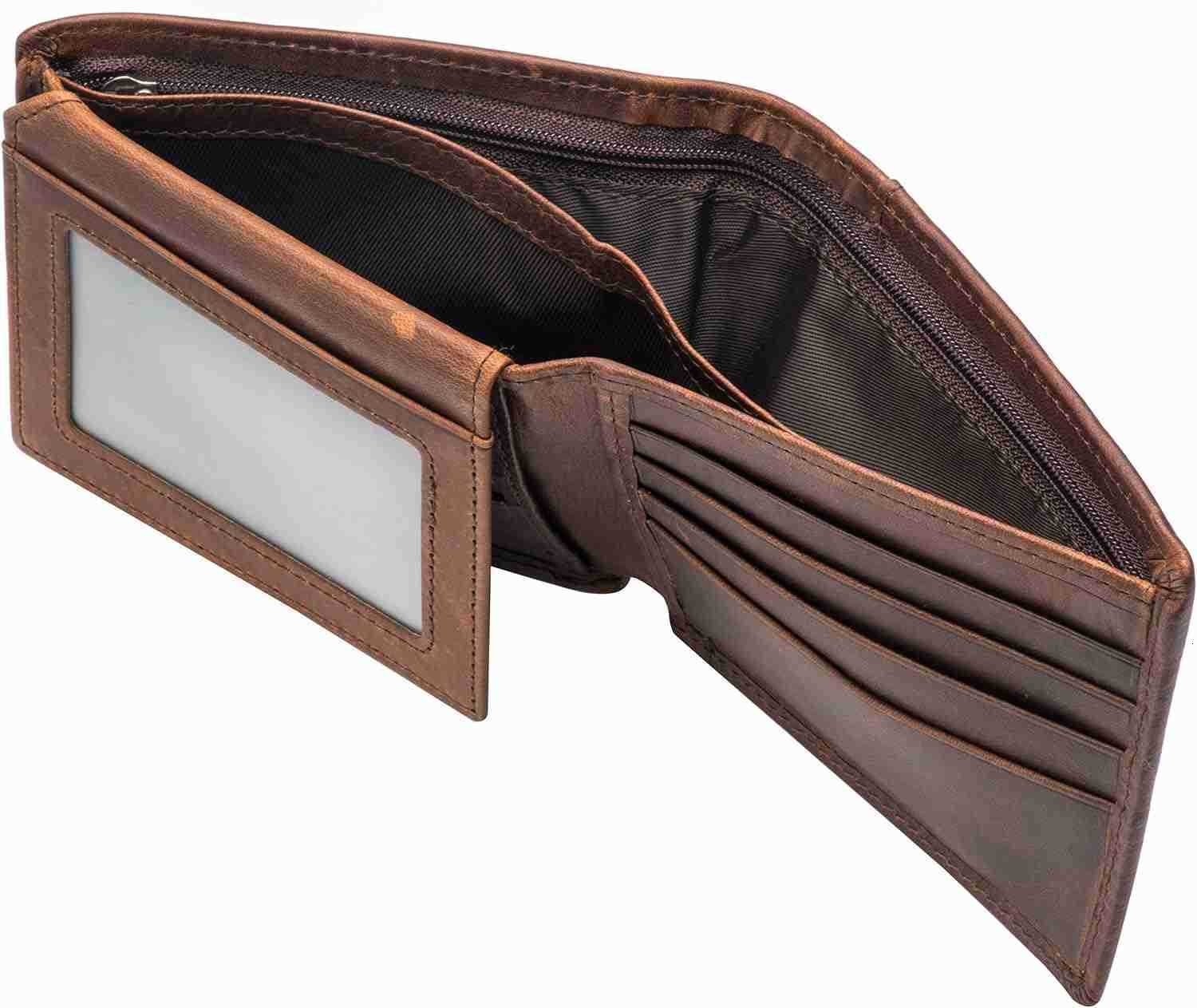 RFID Blocking Genuine Leather Bifold Wallet for Men with Zipper and 2 ID WindowsZ250910