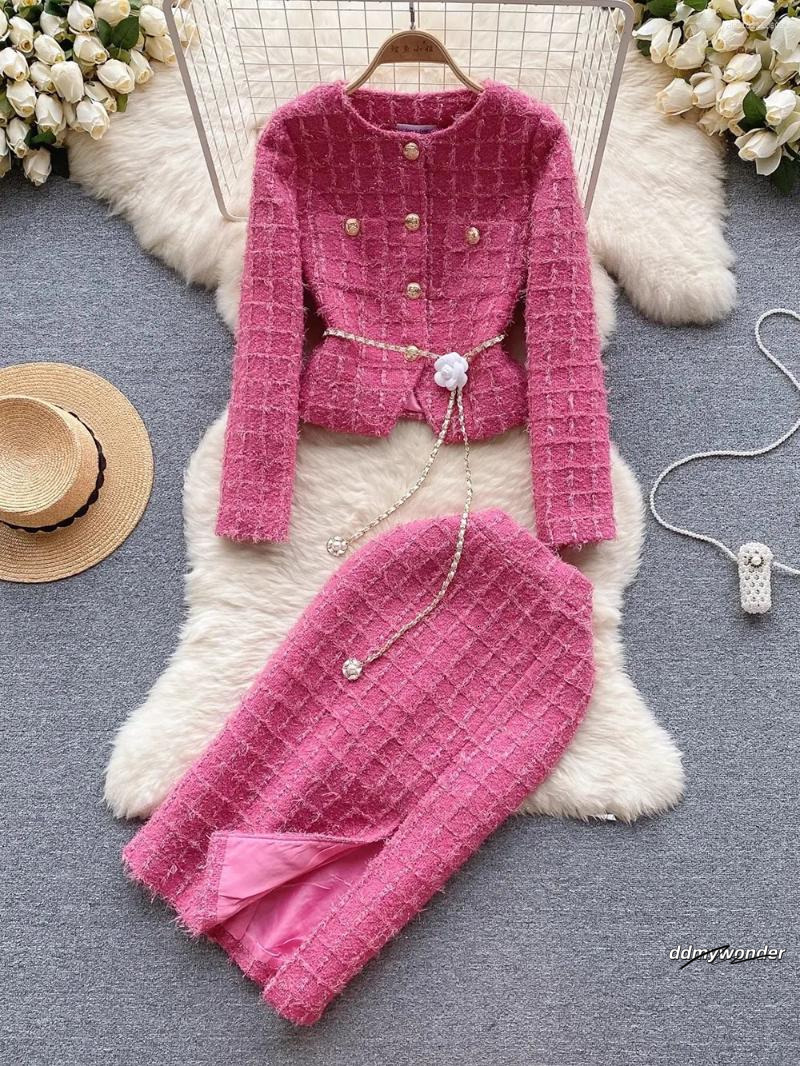 Women's Two Piece Outfits: Elegant Wool Blend Tweed Skirt Suit Set With Chain Belt For Autumn Fashion ddmywonder ddmywonder