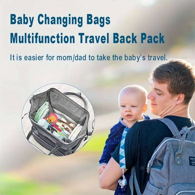 Waterproof Large Mummy Bag Portable Travel Diaper Backpack Gray Polyester Multiple Compartments for Essentials Changing Station