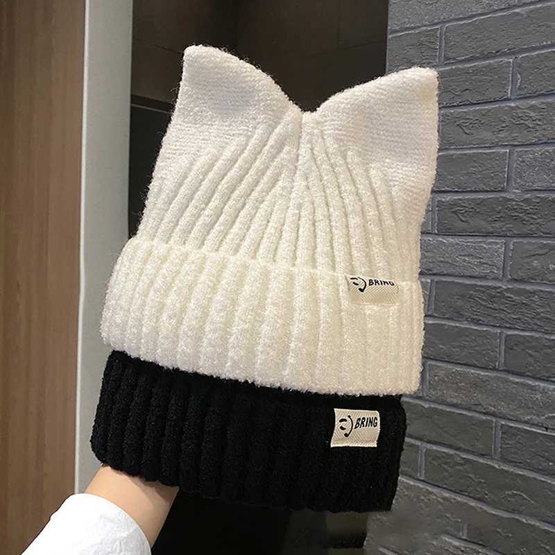 Cute Cat Ears Beanies For Women Autumn And Winter Warm Ear Protection Sweet Versatile Pulr Knitted HatsXJ250910