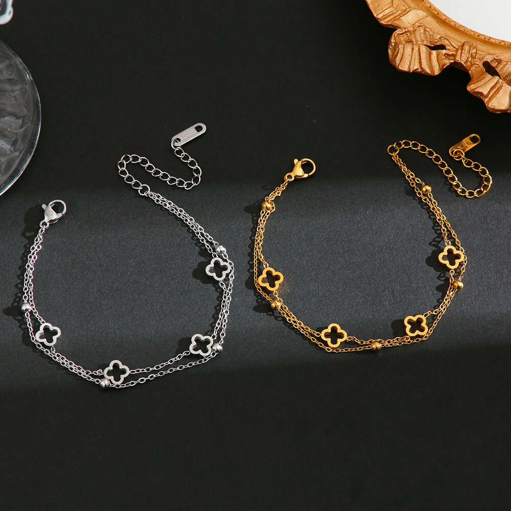 Japanese and Korean Light Fashion Hollow Four-Leaf Clover Titanium Steel Bracelet for Women Simple Versatile Layered Best Friend Jewelry Non-Fading