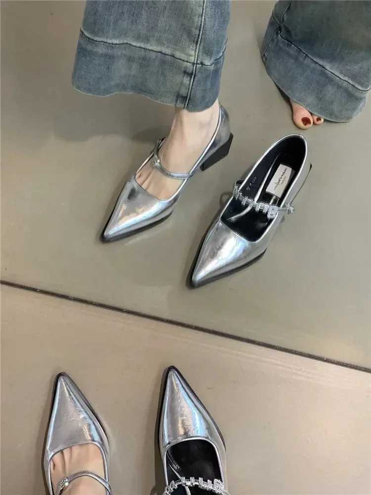 2024 New Style Silver Leather Shoes Fashion Pointed Low Heel Mary Jane Womens Casual Shoes W250910