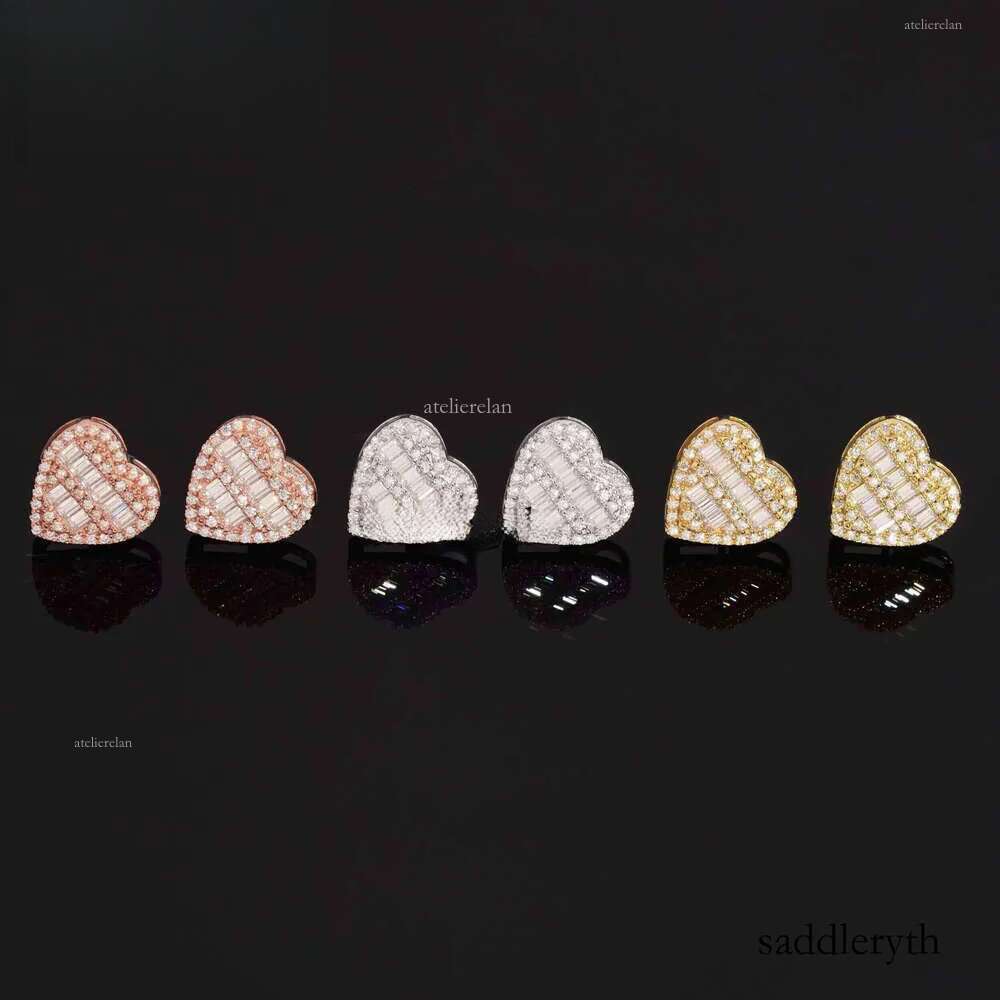 Elegant Classic Sterling Sier Special Heart Stud Earrings Inlaid With Rectangle Moissanite for Women and Men