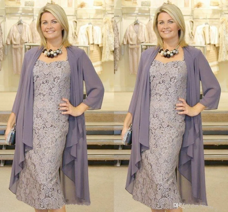 Elegant Tea Length Plus Size Mother Of The Bride Dresses With Chiffon Jacket 3/4 Sleeves Spaghetti Lace Special Occasion Dress Plus Size