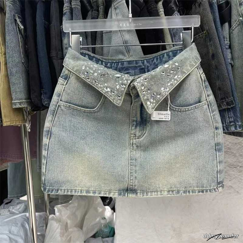 Cool Collar Rhine Shorts Womens Jeans Skirt 2024 Summer New Hot Girl High Waist Light Blue Denim A-Line Skiingxj250320 ddmywonder ddmywonder ddmywonde