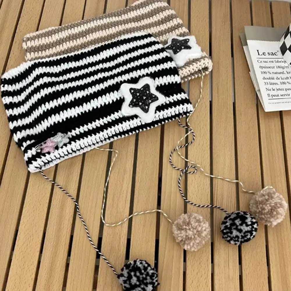 Winter Striped Knitted Wool C Star Decor Hanging Ball Slouchy C Crochet Knitting Beanie Hat Cat Ears Pointed Pulr HatsXJ250910