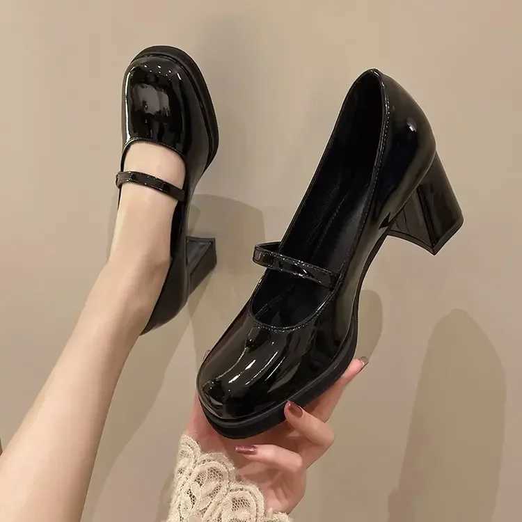 Comemore Summer New Patent Leather Brown Shoes Vintage Thick High Heels Shoes Women Woman Square Toe Chunky Heels 2025 black W250910