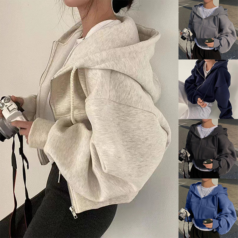 2025 Autumn New Insfleece-lined Versatile Cropped Slims Smooths Silhouette Zip-up Warm Navy Blue Hooded Sweatshirt Women