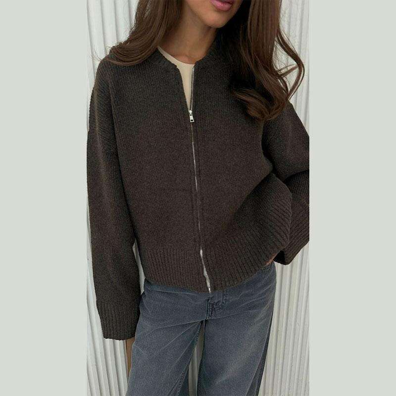Autumn And Winter Casual Versatile Solid Color Zipper Knitted Sweater Cardigan For Women B3