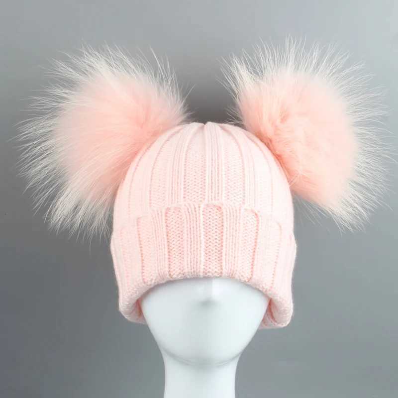 Two Pompom Fur Hat Baby Boy Girl Knitted Beanie Hat Winter Hat For Kids Children Double Real Natural Fur Pom HatXJ250910