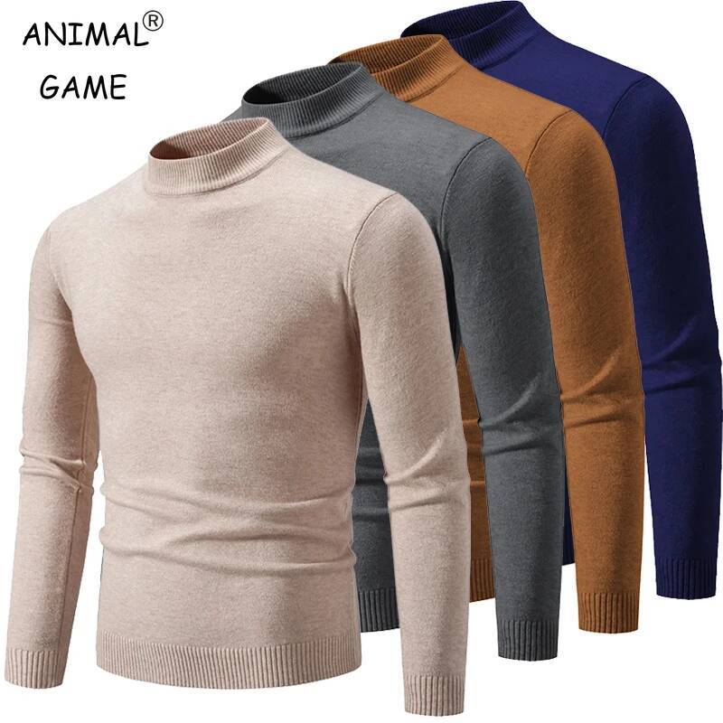 New Sweatwear Men's Half Basic Solid Color Sweaters Round Neck Elastic Pullovers Warm Autumn Knitted Oversized Sweater Men dongdumaoyi