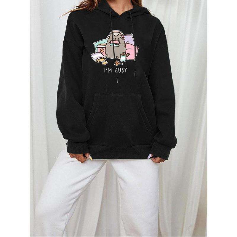 Women's Cartoon Cat Letter Print Drop Shoulder Hoodie, Fashion Casual Drawstring Pocket Hooded Sweatshirt Daily Holiday Outdoor Wear, Ladies Clot