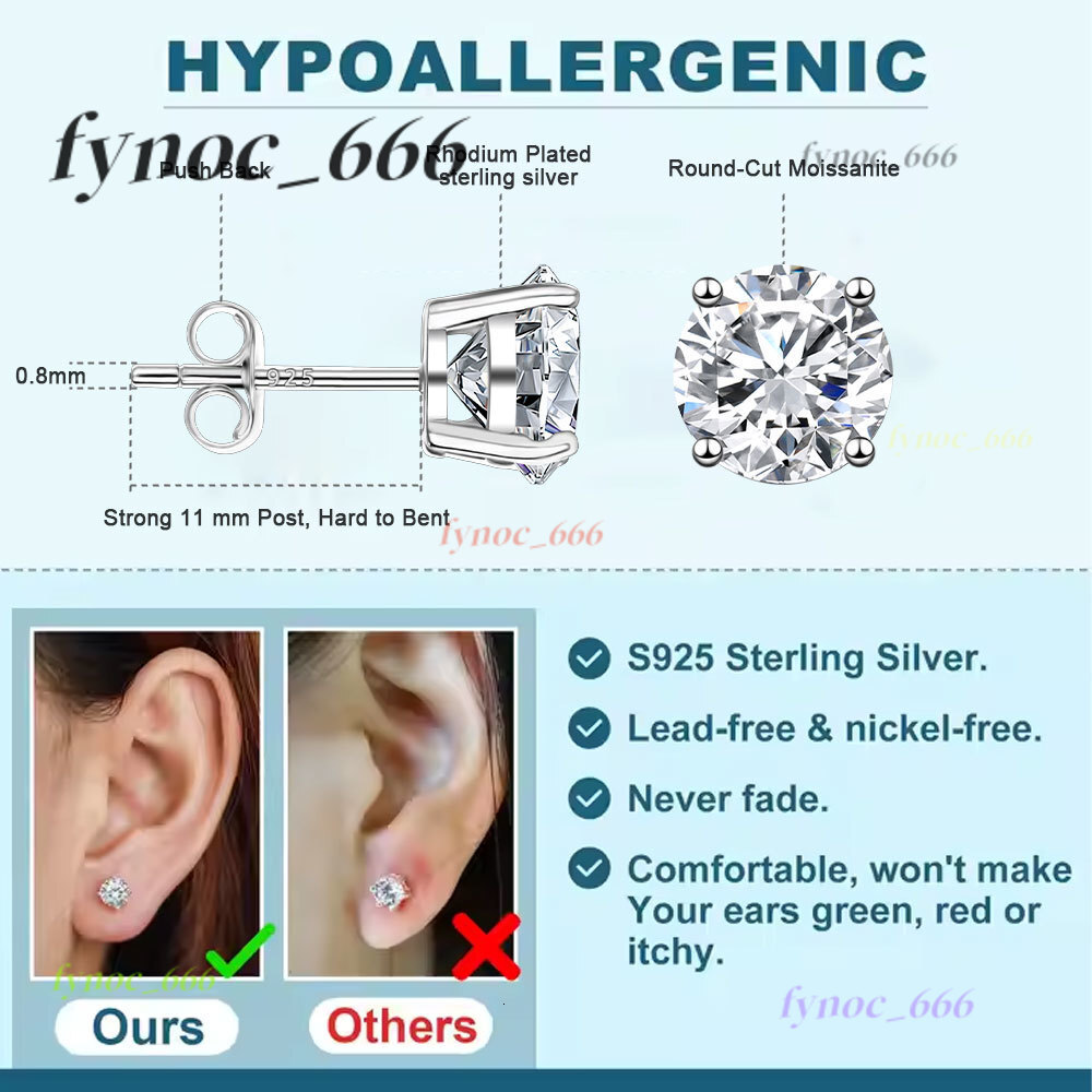 1.0CT 2CT 3ct Mossanite 925 Sterling Silver Earrings 4mm-8mm Classic Design VVS1 Moissanite Diamond Ear Stud for Men Women