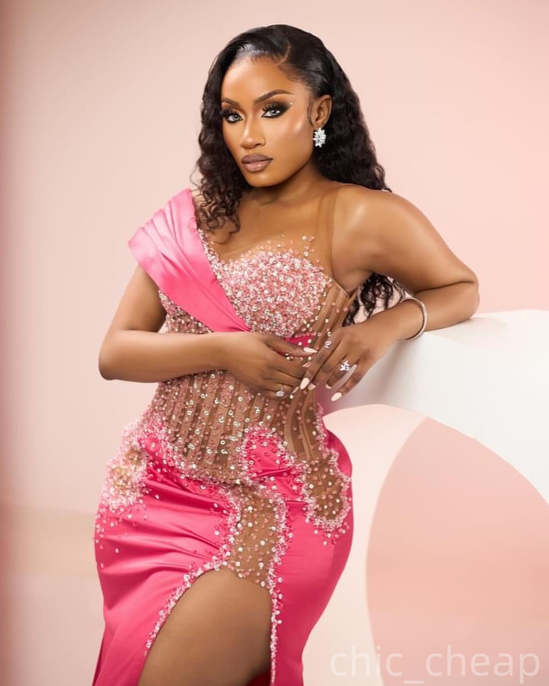 Mermaid Fuchsia Prom Dresses 2025 Illusion Beaded Satin High Split Evening Formal Party Second Birthday Engagement Gowns Plus Size Dress For Special O