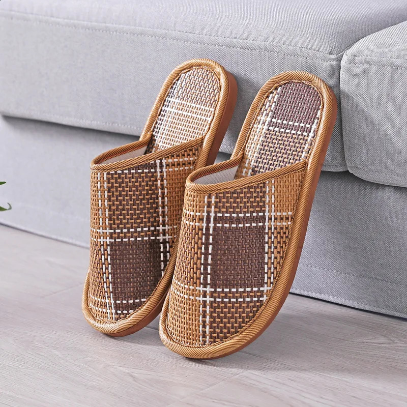 Bamboo Weaving Home Linen Slippers Summer Cooling Woven Rattan Sandals Indoor Nonslip Slides Unisex Bedroom Shoes Zapatillas250906