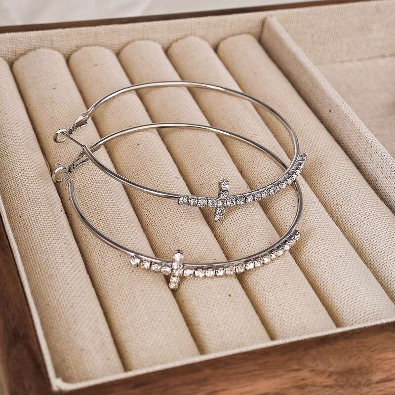 Accessories Gold Cross Inlaid with Dias Simple Hoop Unique Exaggerated Circle Earrings Studs for Women