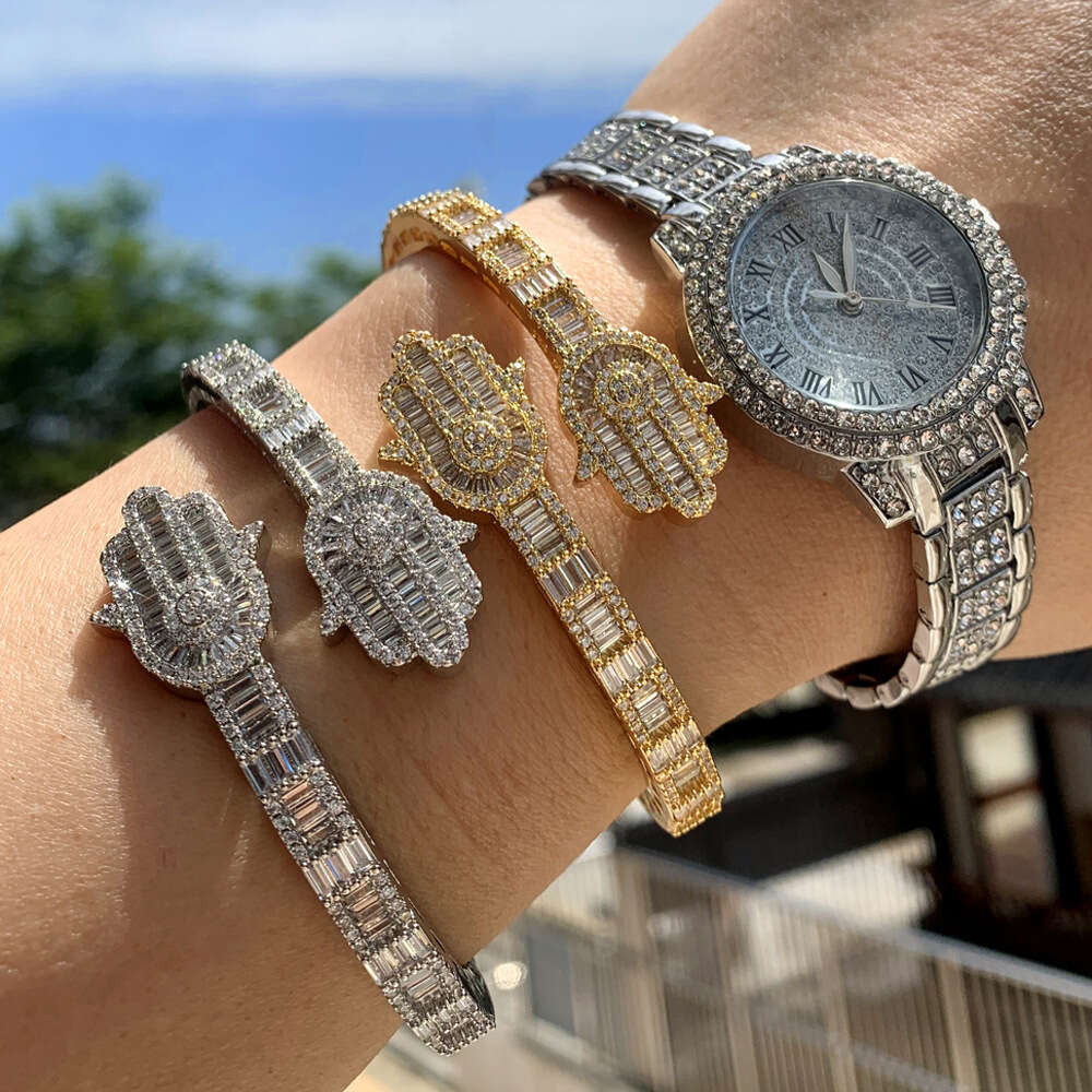 New Open Inlaid with Zircon Palm Hamsa Shape Unisex Hip Hop Bracelet Jewelry