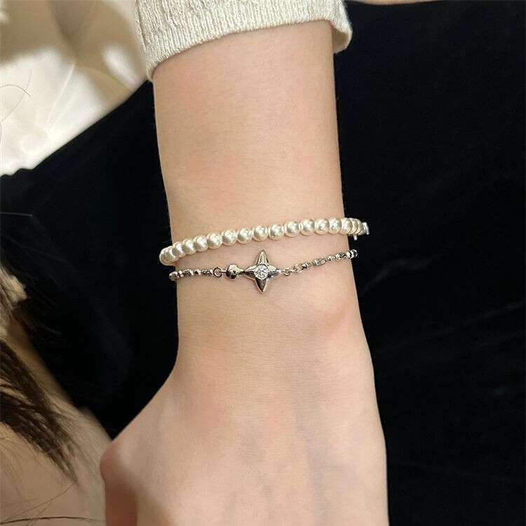 High-End Sparkling Dia Four-Pointed Star Bracelet for Women, Vintage Fashionable Elegant Bracelet, Exquisite Versatile Jewelry