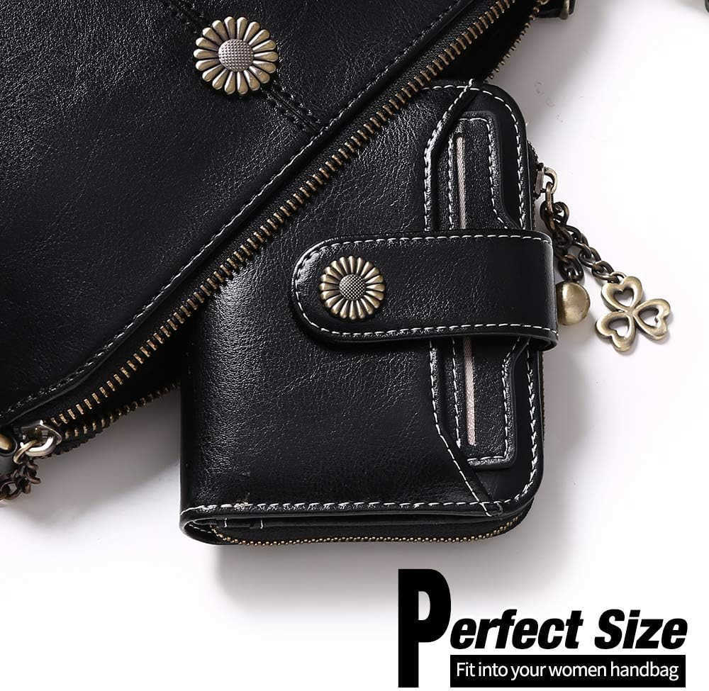 Wallet for Women Leather Small RFID Blocking Bifold Zipper Pocket Card Holder with ID Window BlackW250911