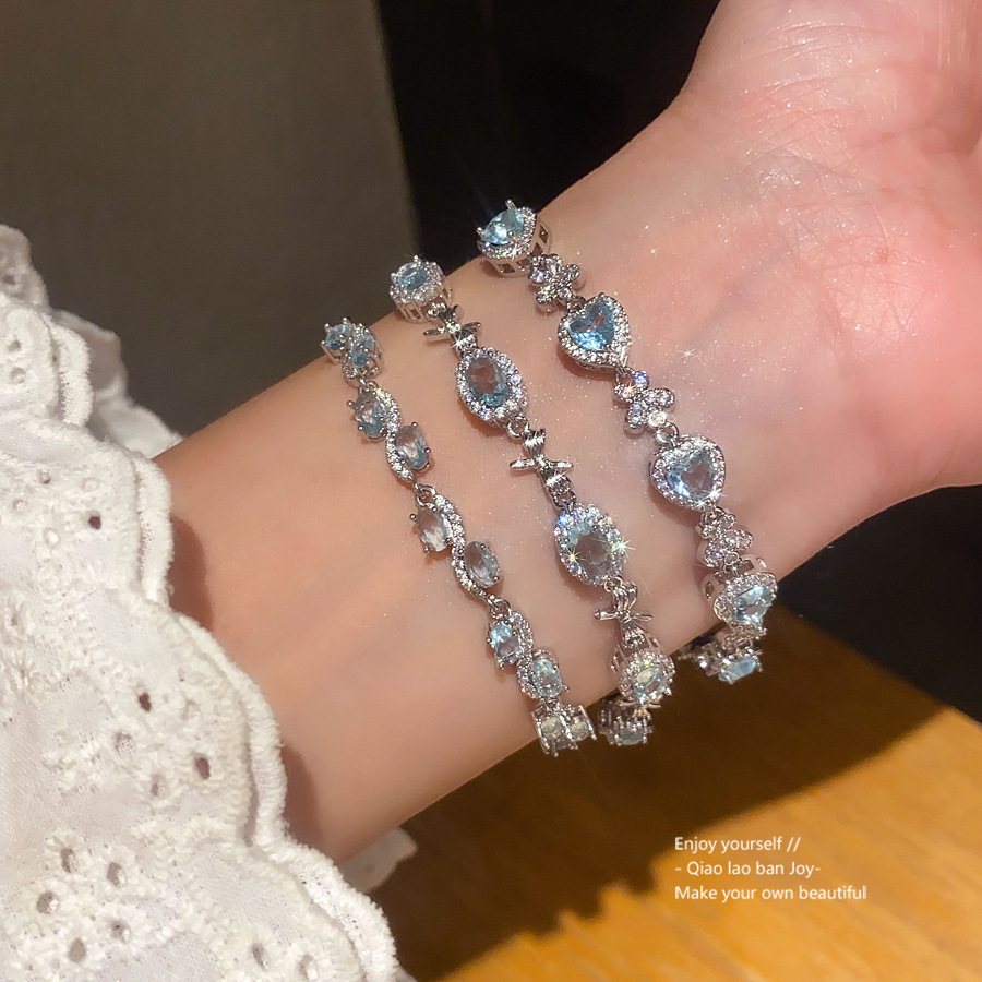 Silver - Toned Bracelet With Aquamarine - Hued Oval Crystals, Sparkly Pave Accents Delicate Daily & Elegant Jewelry Gift For Her High - Quality And Ch