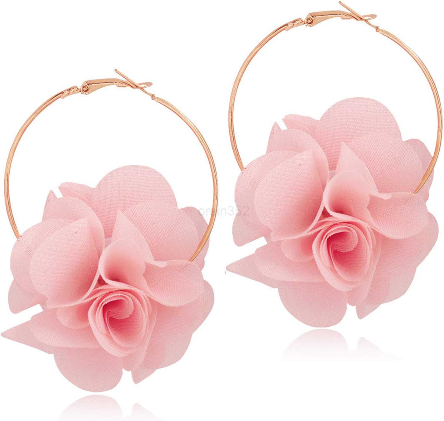 Big Fabric Flowers Dangle Drop Earrings Handmade Charm Chic Petal Hoop Earrings with Chiffon Floral Tassel for Women Vacation WeddingW250911