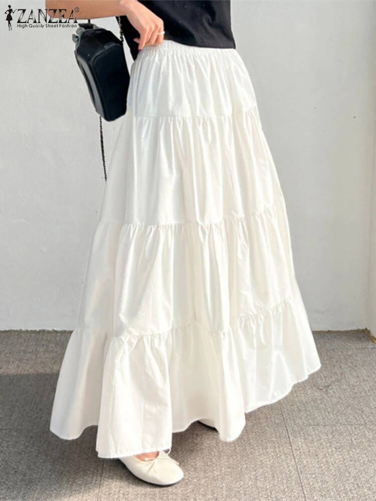 Women Korean Fashion Tiered Maxi Skirt Elastic Waist Casual Solid Color A-line Faldas Mujer Holiday Streetwear Long Jupes dongdumaoyi