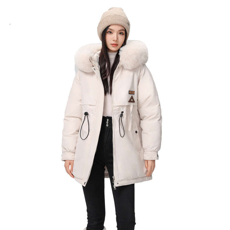 New Women's Korean Version Versatile Mid-Length Jacket Winter Fleece Cotton Coat with Large Fur Collar