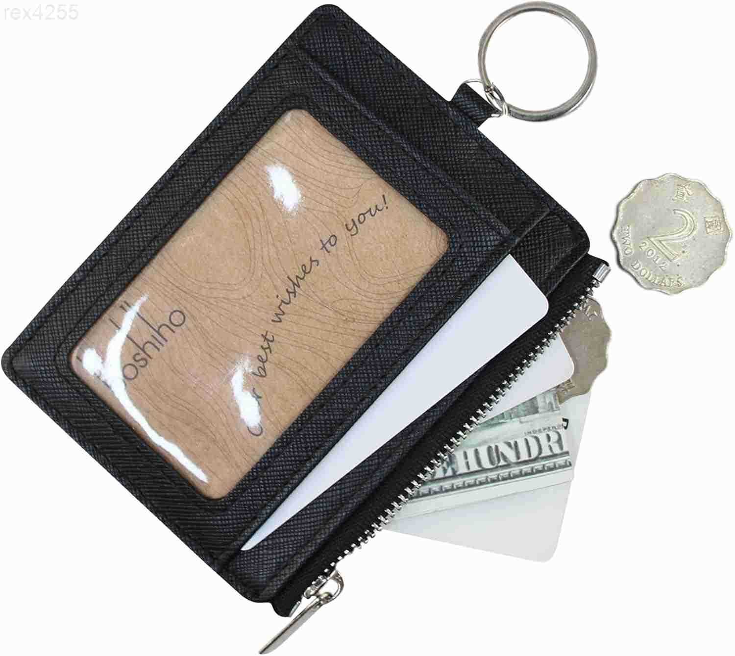 Saffiano Leather Credit Card Holder Coin Change Purse with Key Ring KeychainW250911