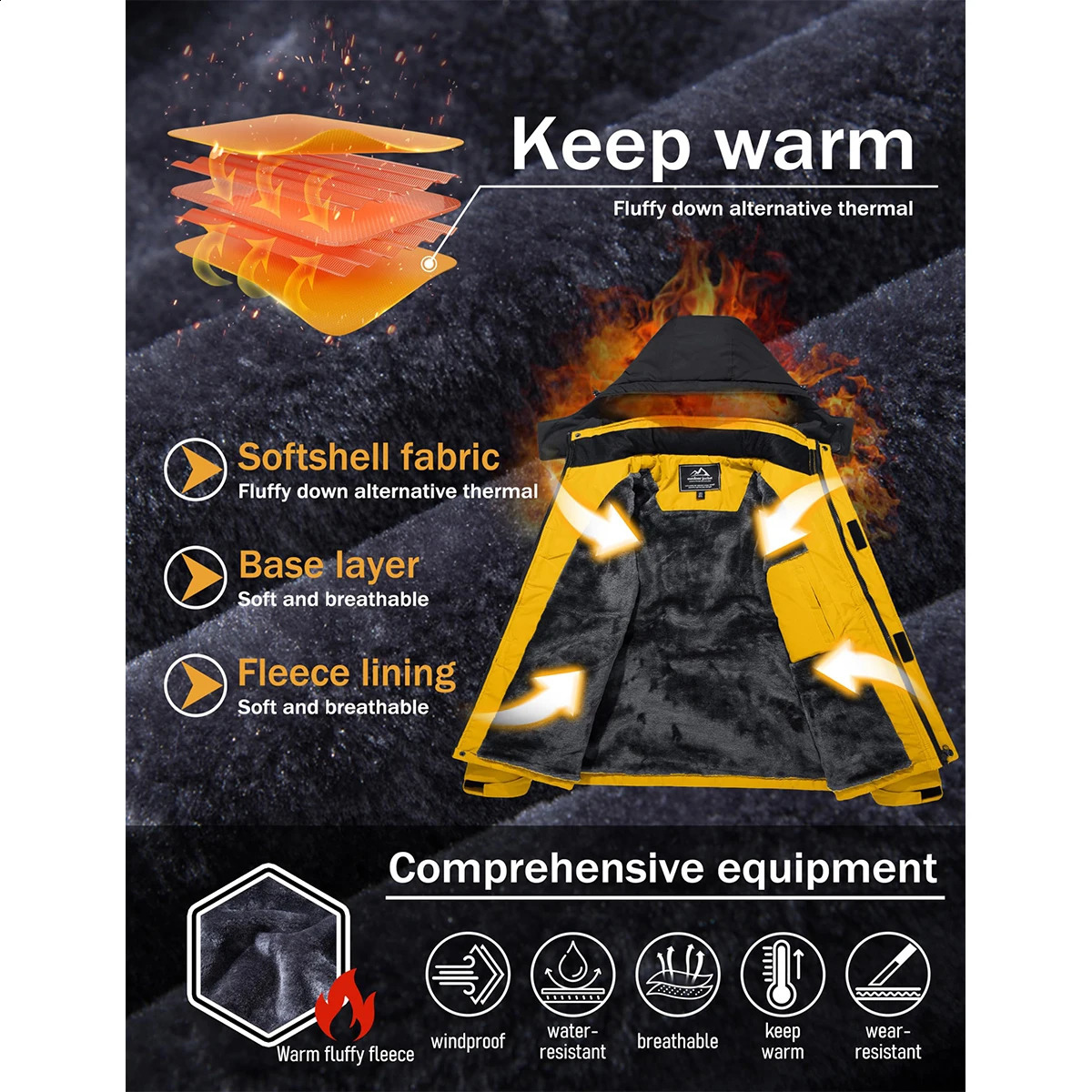 MAGCOMSEN Mens Hooded Fleece Ski Jacket Waterproof Thermal Thick Warm Parka Coats Winter Snow 250911