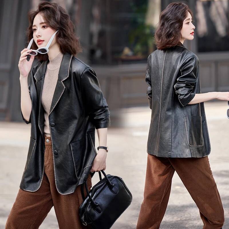 THEME 21 Fashion Leather Blazer Casual Elegant Business Jacket Fall Winter of 2025 Women's New Collection Arrival