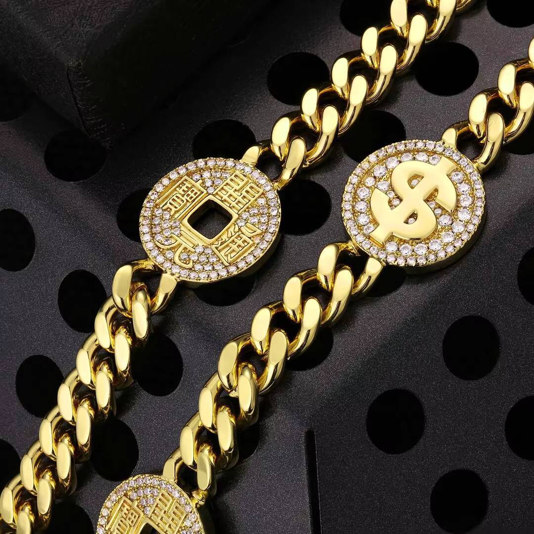 KRKC 14K Gold Plated 8mm Mini Dollar Coin Sign Cuban Link Chain Necklace