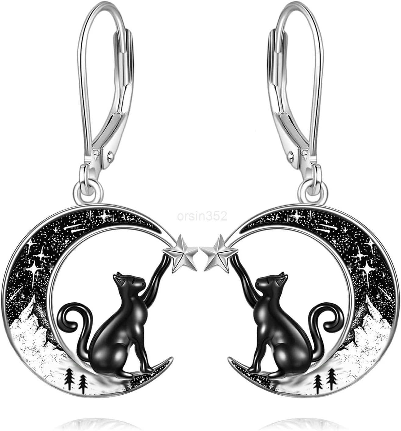 Black Cat4th of JulyBatSpiderPumpkinWolfBunnySun and MoonTurtleRaven 925 Sterling Silver Leverback Dangle Earrings Moon Gothic Christmas Earrings JeW2