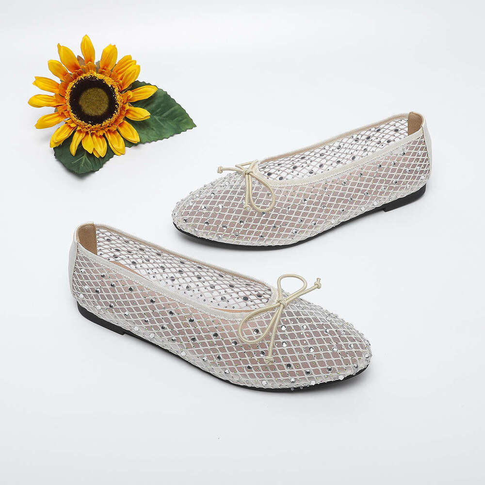 35-43 Plus Size Women's Round Toe Shallow Mouth Non-Slip Flat Shoes Mesh Designer Shoe with Rhinestones Bowknot Breathable