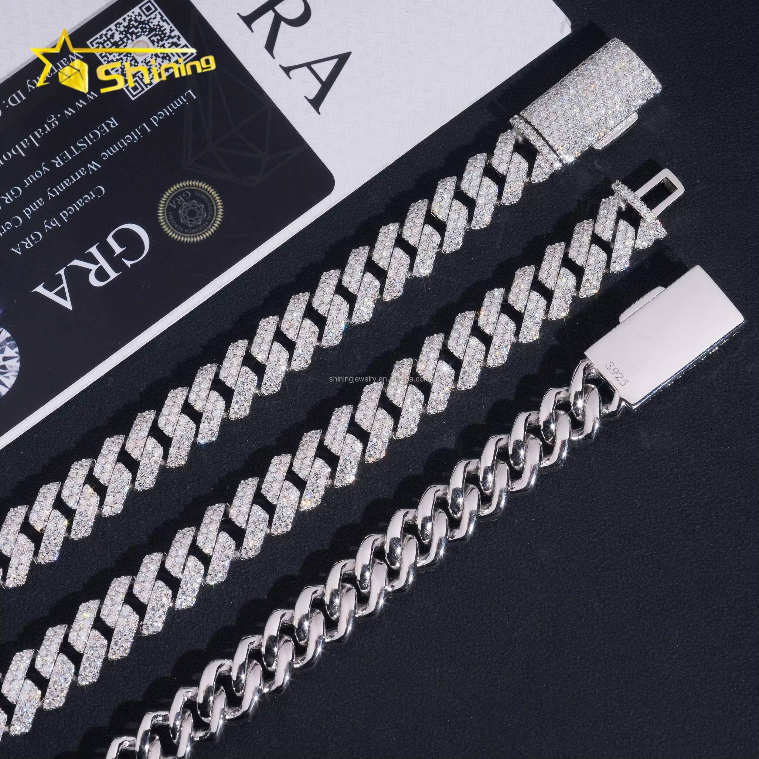 In Stock Luxury Jewelry Prong Setting 12mm Two Rows Iced Out Moissanite Diamond White S925 Sterling Silver Cuban Link Chain