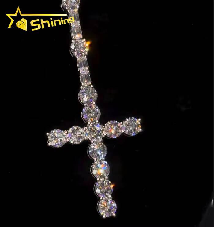 Trendy New Arrivals Iced Out 925 Tennis Chain Pendant Set Custom Made ManufaMoissaniteurer VVS Moissanite Diamond Cross Pendant Necklace
