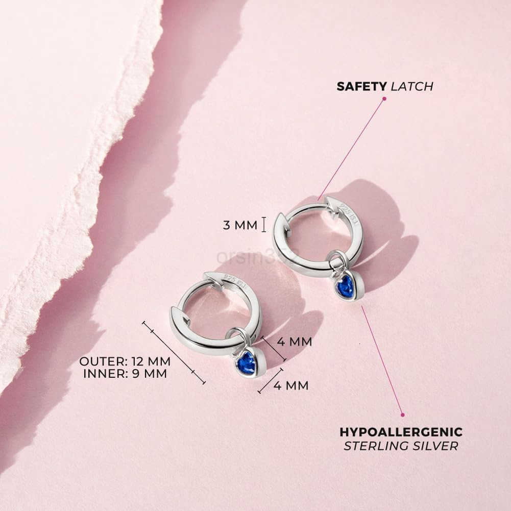 925 Sterling Silver Petite Simulated Birthstone Heart Charm Hoop Earrings For Girls 12mm Cubic Zirconia Earrings For Girls Beautiful Simulated Birthst