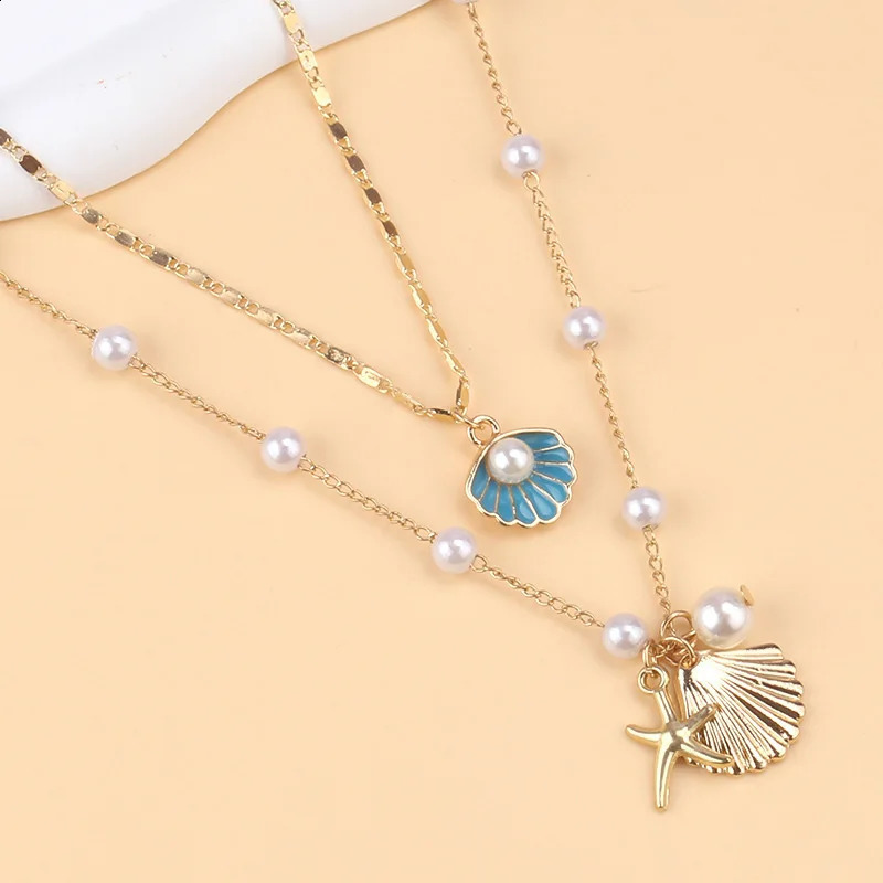 2 Pcs Gold Plated Starfish Shell Pendant Necklace Summer Pearl Necklaces For Women Girls Ocean Beach Jewelry 250910