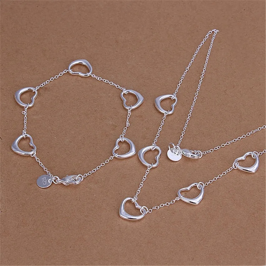 925 Sterling Silver LOVE five hearts Bracelet necklace Jewelry set for women Fashion Party Christmas Gifts 250910