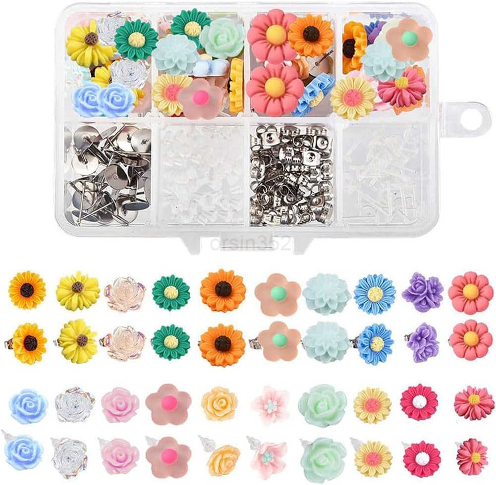 1 Box DIY 20 Pairs Mixed Resin Flower Flatback Cabochon Studs Earring Kit Resin Rose Daisy Charms with Stainless Steel Post for Jewelry Making Arts Cr