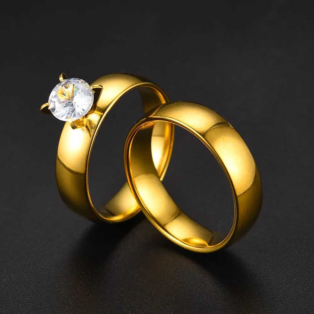 Fashion GoldColor Stainless Steel Couple Rings Set for Women And Men Engagement Wedding Band Rings Valentines Day Gift W250911