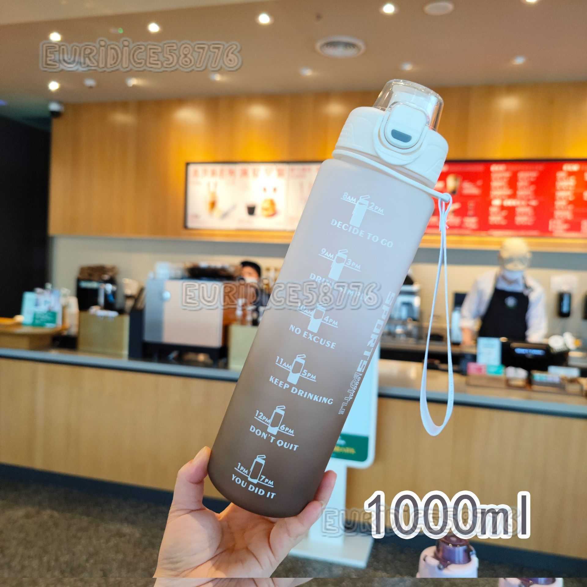 Plastic Water Cups 1000ml Direct Drinking Gradient Color Frosted Portable Strap Sports Fitness Water Bottle H250911