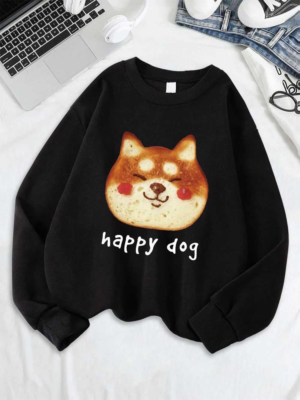 Happy Dog Cookie Printing Sweatshirt Women Fleece Warm Winter Hoodie Loose Casual Pullover Crewneck Comfortable Womans ClothesZ250918