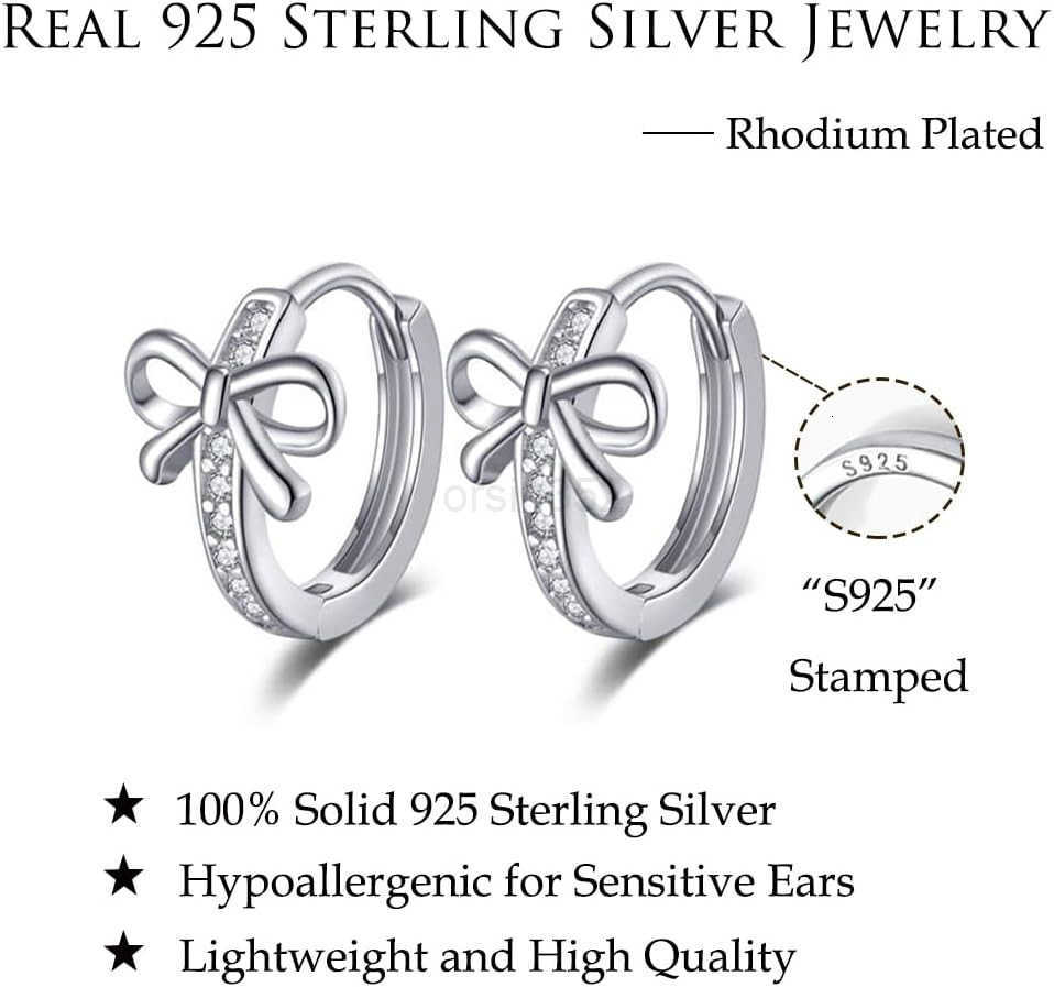 Solid 925 Sterling Silver CZ Bow Hoop Earrings Ribbon for Women Teen Girls Bowknot Hoop Earrings HuggieW250911