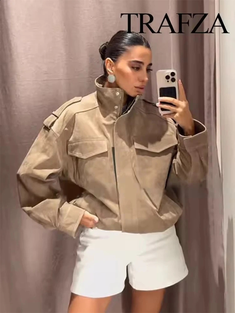 Women Suede Jacket Spring Fashion Long Sleeve Zipper Loose Coat Chic Female High Street Outerwear 250911