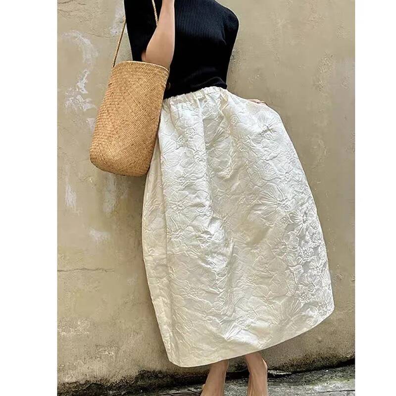 2024 New Arrival Spring/summer Arts Style Women Casual Loose Fit Elastic Waist A-line Jacquard Design Ankle-length Skirt P02 dongdumaoyi